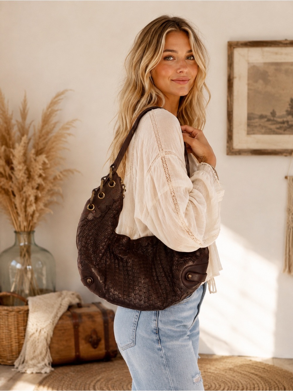 Isabella Fiore Dark Brown Woven Leather Hobo Shoulder Bag with Bow Bag Charm